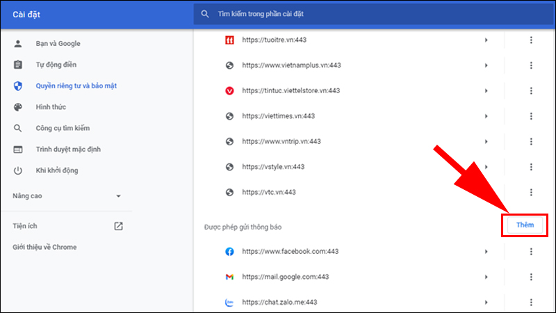 Chọn mục Thêm để thêm các trang web được phép gửi thông báo